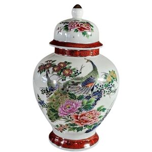 Vintage Satsuma Peacock Ginger Jar Crackle Glaze 8.5 in Vase